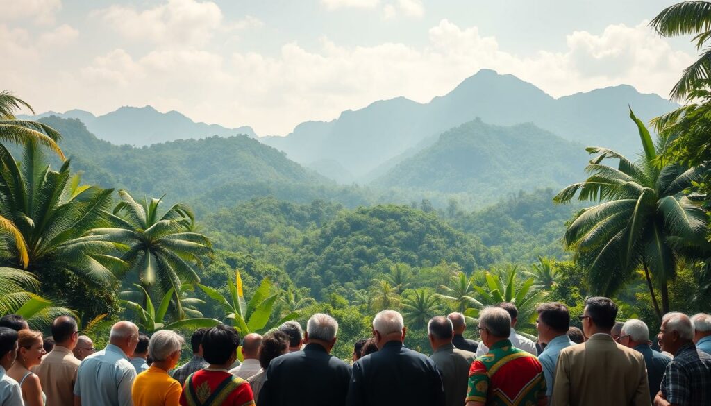 A vibrant, high-resolution image of a climate summit in a lush, tropical setting. In the foreground, a diverse group of world leaders stand together, engaged in animated discussions, representing the key emerging economies at the center of global climate negotiations. The middle ground features a panoramic view of the dense, verdant rainforest canopy, with sunlight filtering through the leaves. In the background, towering mountains rise majestically, creating a dramatic, awe-inspiring backdrop. The overall scene conveys a sense of urgency and high-stakes decision-making, as these influential nations grapple with their pivotal role in addressing the climate crisis.
