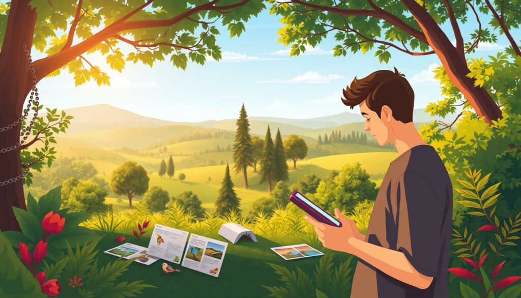 A vibrant illustration of a person participating in a nature-themed quiz. In the foreground, a curious individual stands in a lush, verdant setting, holding a tablet device and intently studying the quiz questions. The middle ground features a mix of interactive educational elements, such as informative nature cards or digital interfaces. In the background, a panoramic view of a scenic outdoor environment, with rolling hills, towering trees, and a clear blue sky, creates a serene and immersive atmosphere. The lighting is soft and natural, casting a warm glow over the scene. The overall composition conveys a sense of engagement, learning, and a deep appreciation for the natural world.