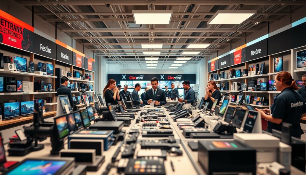A vibrant marketplace showcasing the diverse offerings of electronics retailers. In the foreground, a sleek display of the latest gadgets and devices, meticulously arranged to invite comparison. The middle ground features an array of knowledgeable sales representatives, ready to assist customers in finding the best deals. In the background, a clean, well-lit store interior with modern, minimalist design elements, creating an atmosphere of professionalism and competitiveness. Warm, diffused lighting enhances the scene, casting a subtle glow on the products and accentuating the attention to detail. The overall impression conveys a sense of a dynamic, consumer-centric shopping experience where customers can easily compare prices and make informed decisions.