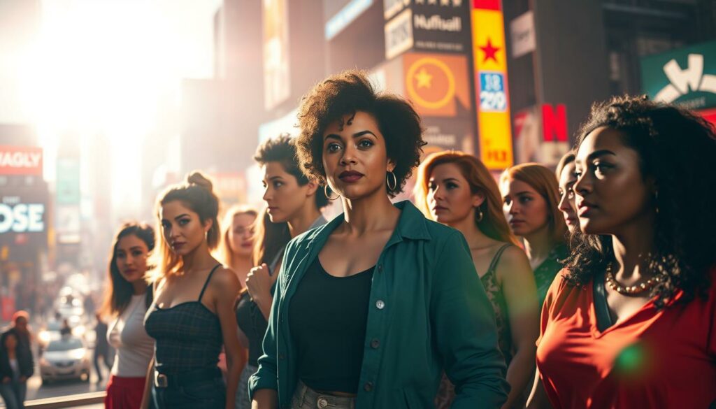 A vibrant, photorealistic image showcasing the intersection of feminism and pop culture. In the foreground, a diverse group of women stand tall, their expressions defiant and empowered, representing the progress made in amplifying feminist voices in mainstream media. In the middle ground, various icons of pop culture – from music and film to television and social media – subtly reflect the growing influence of feminist ideals, challenging traditional gender norms and stereotypes. The background is a lively, colorful cityscape, capturing the dynamic and ever-evolving nature of pop culture, a canvas for the ongoing discourse on feminism. Dramatic lighting casts a warm, empowering glow, emphasizing the sense of momentum and optimism surrounding this cultural shift. Captured with a wide-angle lens to convey a sense of scale and importance, this image aims to capture the complex, multifaceted relationship between feminism and pop culture.