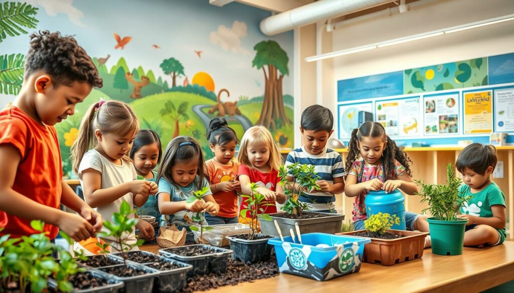 A vibrant, playful scene of educational environmental learning. In the foreground, a group of diverse children engaged in interactive, hands-on activities - planting seedlings, sorting recyclables, or constructing miniature sustainable habitats. The middle ground features a dynamic, colorful mural depicting nature's wonders, encouraging wonder and discovery. Warm, soft lighting bathes the scene, creating an inviting, welcoming atmosphere. In the background, a modern, light-filled classroom or community center setting, with educational posters and displays promoting environmental awareness and action. The overall mood is one of joyful, engaged learning, where children's natural curiosity about the world around them is nurtured through playful, meaningful exploration of sustainability concepts.