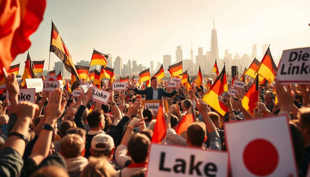 A vibrant political rally with supporters of the left-wing party Die Linke. In the foreground, a sea of colorful banners and flags being enthusiastically waved by a passionate crowd. In the middle ground, a charismatic speaker stands at a podium, gesturing emphatically as they address the energized audience. The background is filled with a striking urban skyline, hinting at the party's growing influence in the city. The scene is bathed in warm, golden lighting, creating a sense of hope and determination. The overall atmosphere conveys a sense of a political movement on the rise, poised for a comeback.