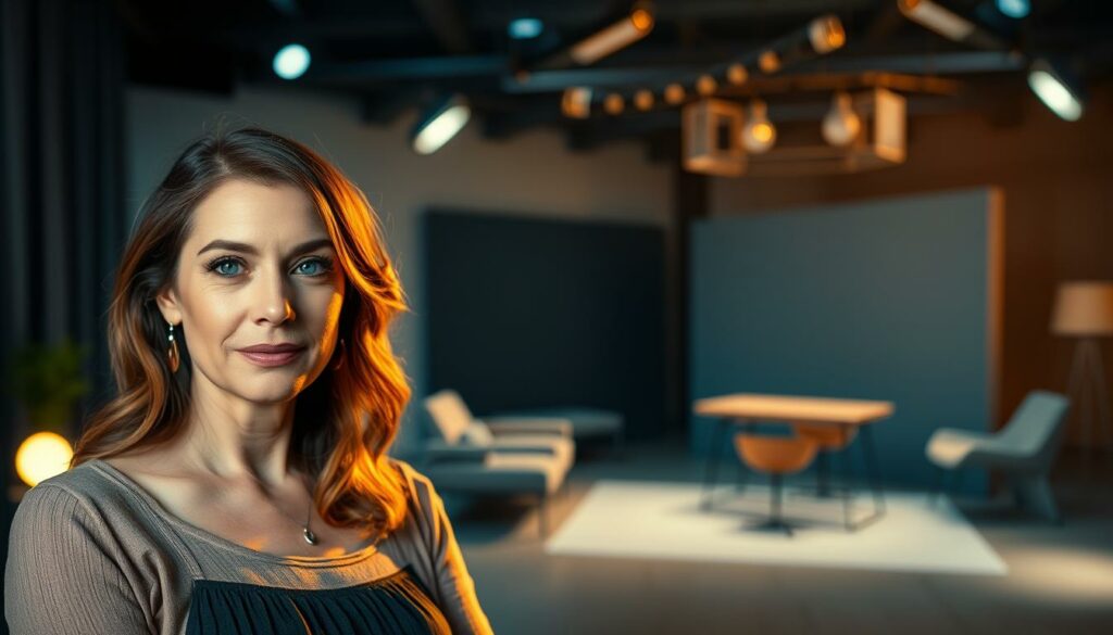A vibrant portrait of Diana Amft in her "Meine Mutter Serie" character, showcasing her remarkable transformation. In the foreground, Amft stands confidently, her expression radiating a sense of poise and purpose. Warm lighting gently illuminates her features, highlighting her striking eyes and the subtle changes in her appearance. The middle ground depicts a backdrop of a modern, minimalist set design, reflecting her new creative projects and personal development. The overall atmosphere conveys a sense of growth, professionalism, and artistic evolution, capturing the essence of the "Neue Projekte und persönliche Entwicklung" section of the article.