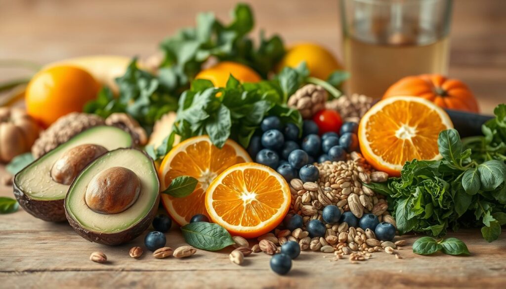 A vibrant still life composition showcasing a variety of nutritious foods that support healthy skin. In the foreground, an assortment of fresh fruits and vegetables, such as avocados, oranges, blueberries, and leafy greens, are artfully arranged on a wooden surface. The mid-ground features various nuts, seeds, and whole grains, while the background displays a glass of water or herbal tea, symbolizing the importance of hydration for skin health. The lighting is soft and natural, highlighting the vibrant colors and textures of the ingredients. The overall mood is one of nourishment, wellness, and a balanced, skin-healthy diet.