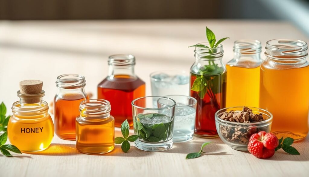 A vibrant still life showcasing a selection of natural sweeteners in small glass jars or bottles, arranged artfully on a clean, wooden surface. The foreground features a variety of options such as honey, maple syrup, agave nectar, and stevia leaves, each capturing the unique color and texture of the ingredients. The middle ground includes a few small glasses or cups filled with clear, sparkling water, hinting at the integration of these natural sweeteners into refreshing microdrinks. Soft, diffused lighting from the side casts gentle shadows, highlighting the translucency and organic qualities of the elements. The overall mood is one of health, simplicity, and natural goodness, inviting the viewer to consider the benefits of these alternatives to traditional sugar.