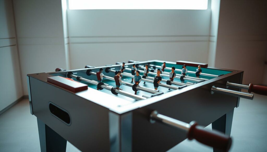 A vibrant tabletop football game scene, featuring a detailed, polished foosball table with a sleek, modern design. The table is positioned in a well-lit, minimalist interior with clean lines and neutral tones, creating a sophisticated atmosphere. The players, represented by distinct figurines, are engaged in an intense match, their movements frozen in time, showcasing the dynamic nature of the game. The lighting is soft and diffused, casting subtle shadows that add depth and dimension to the scene. The overall composition highlights the skill and strategy involved in playing tabletop football, inviting the viewer to envision themselves participating in an engaging and social gaming experience.