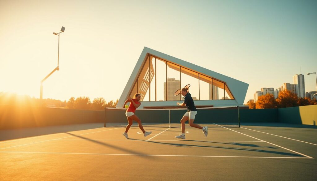 A vibrant tennis court with a modern, minimalist design, bathed in warm, golden afternoon light. In the foreground, two athletes engage in a spirited match, their dynamic movements captured in sharp focus. The middle ground features a sleek, angular architecture with clean lines and large windows, reflecting the progressive aesthetic of the "Alles was zählt" series. The background is softly blurred, hinting at the bustling city beyond, creating a sense of energy and urban sophistication. The overall atmosphere conveys a renewed sense of athletic passion and narrative focus within the series.