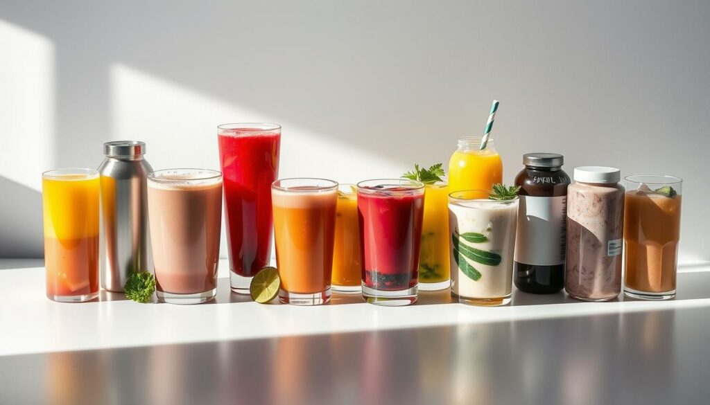 A visually striking array of weight loss drinks, meticulously arranged on a clean, minimalist surface. The drinks, ranging from protein shakes to detox juices, are presented in sleek, modern containers, casting soft shadows that add depth and dimension to the scene. Dramatic side lighting accentuates the vibrant colors and textures of the beverages, creating a sense of high-end sophistication. The overall composition is balanced and harmonious, inviting the viewer to explore the unique properties and benefits of each weight loss drink option. The mood is one of health, wellness, and the promise of a renewed, slimmer you.