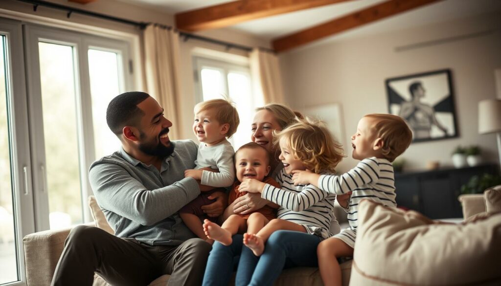 A warm and intimate family portrait of rapper Sido, his wife Charlotte Würdig, and their two young children playing and laughing together in a cozy, well-lit living room. The soft, natural lighting from large windows illuminates their joyful expressions as they embrace and interact, creating a sense of comfort and togetherness. The room is furnished with tasteful, modern decor, suggesting a balance of celebrity and domestic life. The composition places the family members in the foreground, with the background blurred to maintain the focus on their close-knit bond. An inviting, authentic scene that captures the essence of their family dynamic.