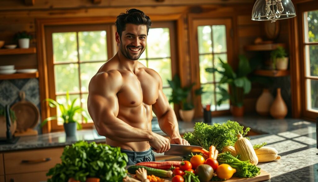 A warm and inviting kitchen scene, showcasing a muscular, athletic man with dark hair and a friendly, open expression. He stands behind a granite countertop, chopping fresh vegetables with a sharp knife, his focus intense yet serene. The room is filled with natural light, streaming in through large windows that offer a glimpse of a lush, green garden outside. The man's physique and the healthy, plant-based ingredients suggest a dedication to a vegan, fitness-oriented lifestyle. The overall atmosphere conveys a sense of balance, wellness, and a deep appreciation for the culinary arts.