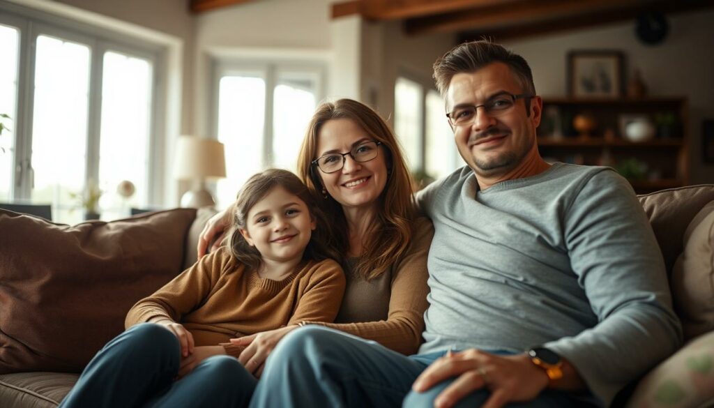 A warm, candid portrait of the Drews family's private life. In the foreground, Joelina and her parents Ramona and Adrian are seated together on a couch, sharing a relaxed, affectionate moment. Soft natural lighting filters through large windows, casting a gentle glow. The background reveals glimpses of their cozy, tastefully decorated living room, hinting at the family's domestic bliss. Joelina's expression is one of contentment, while Ramona and Adrian's body language conveys a sense of unity and support. The overall mood is intimate, authentic, and free of artifice, offering viewers a rare, unguarded peek into the Drews' personal sphere.
