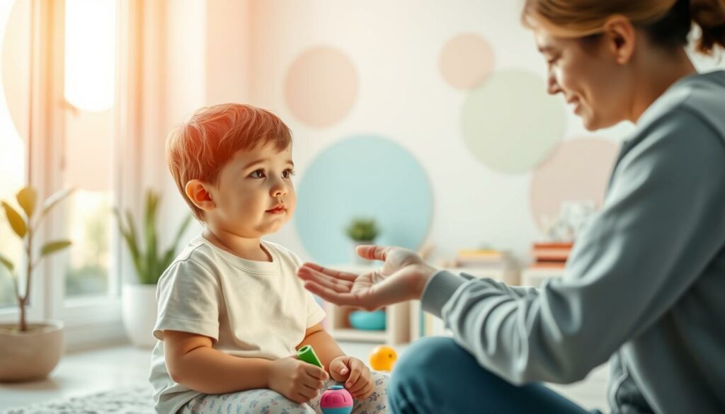 A warm, compassionate scene of a child speech therapy session. In the foreground, a young patient sits attentively, their face lit by the soft glow of a therapist's guiding hand. The therapist, their expression calm and encouraging, leads the child through playful exercises, utilizing colorful toys and books to facilitate speech development. In the middle ground, the cozy therapy room is filled with soothing pastel hues, creating a nurturing environment. Gentle natural light filters in through large windows, casting a serene ambiance. The background features abstract, organic shapes that evoke a sense of growth and progress, symbolizing the therapeutic journey. Overall, the image conveys the care, patience, and expertise involved in speech therapy for children.