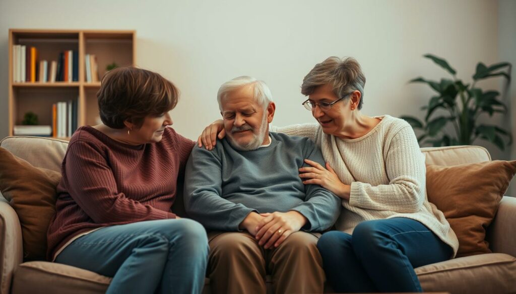 A warm, compassionate scene of friends supporting a person during illness. A cozy living room setting, with soft lighting and muted colors. In the foreground, two close friends sit on a plush sofa, leaning in to offer comfort and encouragement to the person in the middle, who appears weary but grateful for their presence. In the background, a bookshelf and a potted plant create a sense of intimacy and care. The overall mood is one of understanding, empathy, and the healing power of close relationships.