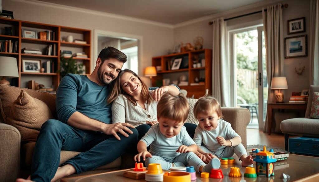 A warm, family-focused portrait of Xabi Alonso, the renowned Spanish footballer, and his wife Nagore Aranburu, relaxing together in their cozy home. In the foreground, the couple sits comfortably on a plush sofa, Nagore resting her head on Xabi's shoulder as they share a tender moment. The middle ground features their two young children, a son and daughter, playing happily on the floor, surrounded by toys and personal mementos. The background is a softly lit, inviting living room, with bookshelves, framed artwork, and glimpses of a tranquil garden outside. The overall scene radiates a sense of domestic bliss, capturing the warmth and intimacy of Xabi and Nagore's family life.