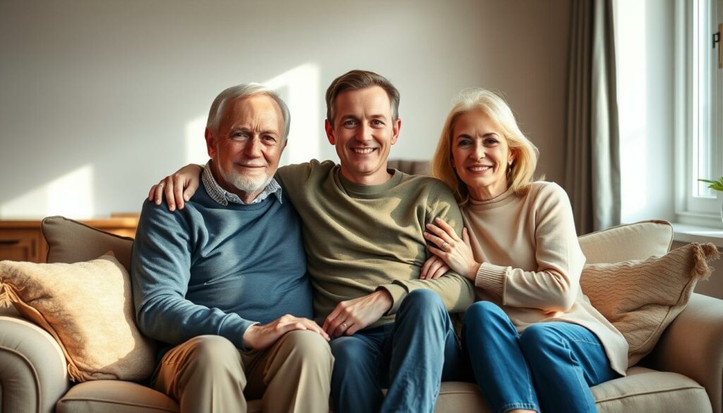 A warm, family portrait of Dieter Bohlen, his wife Carina, and their son Maurice Bohlen, captured in a cozy, indoor setting. The trio is seated together on a plush, beige sofa, bathed in soft, natural lighting from a nearby window. Maurice, now a tall, young man, sits between his parents, with Dieter and Carina's arms gently draped around him, conveying a sense of love and unity. The background is subtly blurred, keeping the focus on the central figures. The overall atmosphere is one of domestic tranquility and pride, reflecting the close-knit nature of the Bohlen-Heidemanns family.