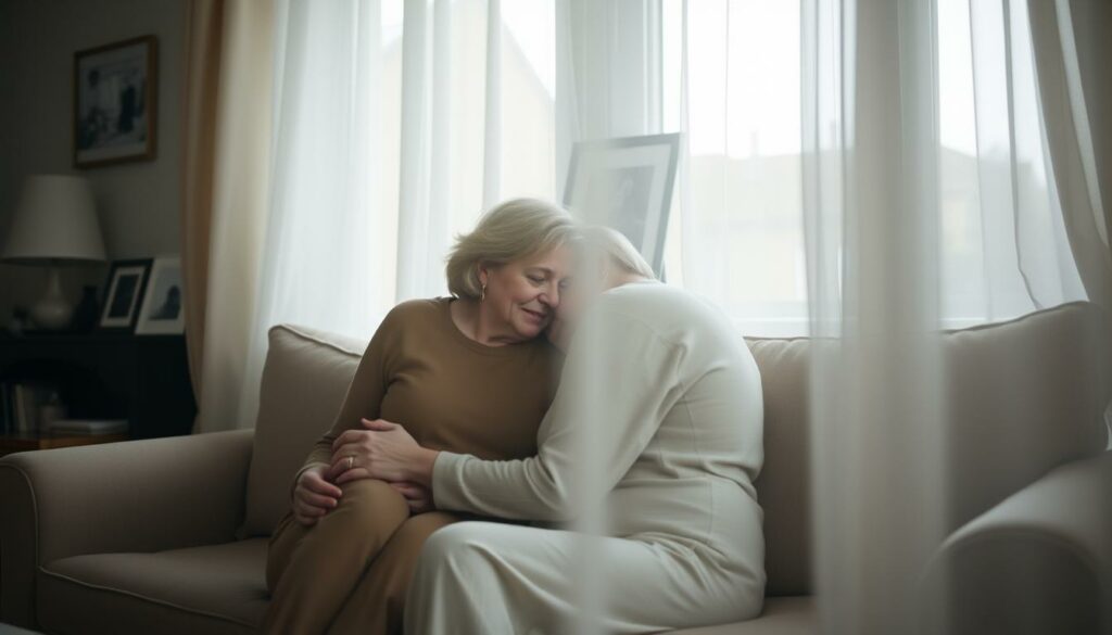 A warm, intimate domestic scene of Kerstin Ott and Karolina Köppen's shared life together. In the cozy foreground, the two women sit comfortably on a plush sofa, their bodies language conveying a deep, affectionate connection. Soft, diffused light filters through sheer curtains, creating a serene, inviting atmosphere. In the middle ground, a few personal mementos and framed photographs suggest a life filled with love and shared experiences. The background is hazy, allowing the focus to remain on the couple's quiet, tender embrace, capturing the essence of their "Familienleben" - their cherished, everyday life as partners.