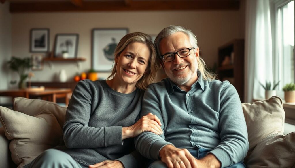 A warm, intimate family portrait of Bastian Pastewka, his wife Heidrun Buchmaier, and their happy, child-free life. Set in a cozy, sunlit living room, the couple sits comfortably on a plush sofa, Heidrun leaning affectionately against Bastian's shoulder. Their expressions radiate a sense of contentment and fulfillment, untethered by the demands of parenthood. The composition is balanced, with the couple in the foreground and a tasteful, minimalist decor in the background, suggesting a stylish, unencumbered lifestyle. Soft, diffused lighting casts a gentle glow, heightening the tranquil, relaxed atmosphere. The overall mood is one of serenity, individuality, and the joys of a childless partnership.