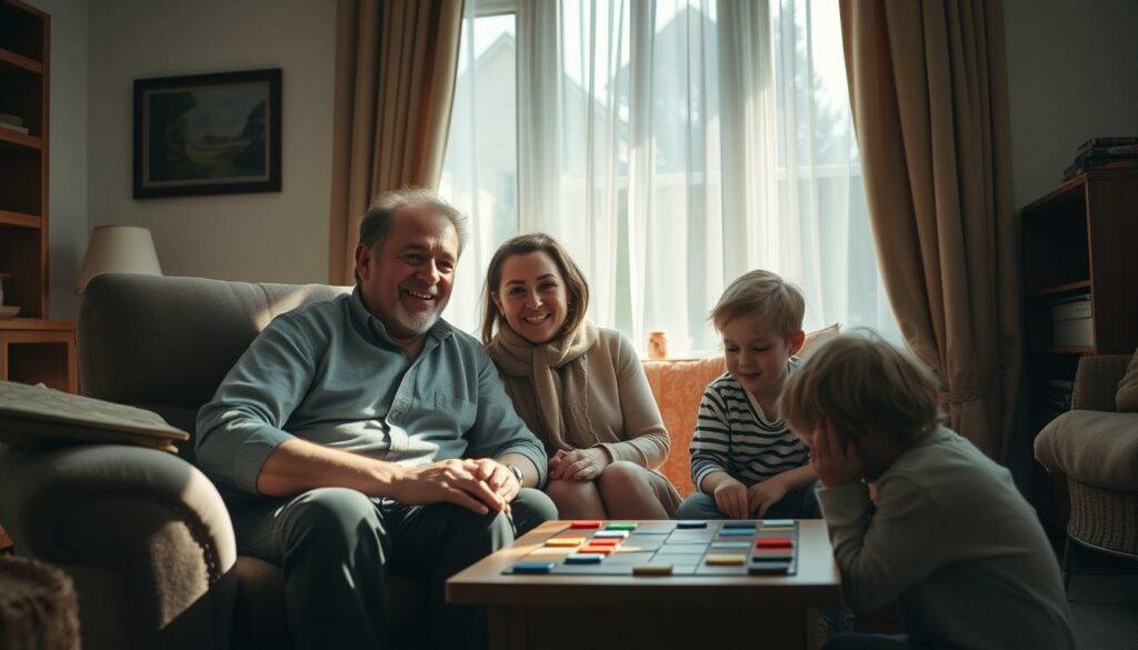 A warm, intimate family portrait of Rudi Carell, his wife Grietje, and their two children in a cozy, sun-dappled living room. Rudi sits in a plush armchair, his hand resting affectionately on Grietje's shoulder as she leans into him, both beaming with genuine happiness. Their children, a son and daughter, are seated on the floor nearby, absorbed in a board game, their faces aglow with youthful delight. The scene exudes a sense of domestic tranquility and familial love, capturing the beloved entertainer's softer, more private side away from the spotlight. Soft, natural lighting filters through sheer curtains, lending a gentle, nostalgic ambiance to the composition.
