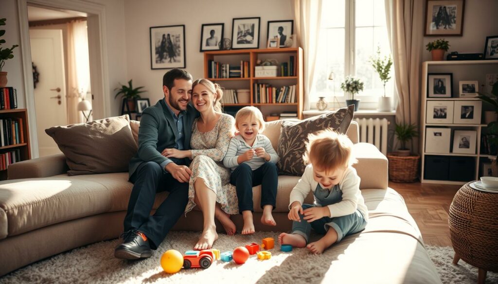 A warm, intimate family scene in a cozy, sun-lit living room. In the foreground, a happy, well-dressed couple, Matthias and his wife, embracing tenderly on a plush sofa. Their faces radiate love and contentment. In the middle ground, their two young children, a boy and a girl, playing happily on the floor, surrounded by toys. Bookshelves and framed photos line the walls, adding a sense of domestic tranquility. The lighting is soft and natural, casting a gentle glow over the entire scene. The composition is balanced and inviting, drawing the viewer into the private, joyful world of Matthias Koeberlin's family life.