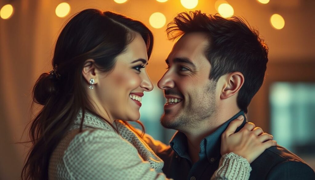 A warm, intimate portrait of Michelle and Eric Philippi, their loving embrace conveying a sense of deep connection and newfound happiness. Soft, flattering lighting illuminates their faces, creating a romantic, dreamlike atmosphere. The background is subtly blurred, placing the focus squarely on the couple, who gaze into each other's eyes with genuine affection. The composition is artfully balanced, with the pair positioned centrally and filling the frame, suggesting a profound transformation in their lives. An image that captures the essence of their relationship and the emotions it evokes.