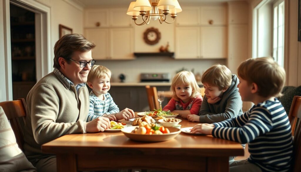 A warm, inviting family portrait of Elton, his wife, and their two young children, captured in a cozy domestic setting. The scene is bathed in soft, natural lighting, with the family gathered around a wooden table, sharing a meal or engaged in a relaxed conversation. In the background, a glimpse of a well-appointed living room or kitchen, hinting at Elton's comfortable, yet understated, lifestyle. The overall atmosphere is one of togetherness, contentment, and a sense of Elton's dedication to his family and private life, in contrast to his public persona as a successful television personality. The image conveys a strong sense of Elton's personal priorities and social engagement beyond the spotlight.