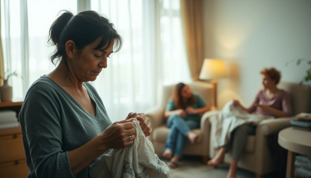 A warm, softly lit interior scene depicting the daily tasks of care work. In the foreground, a woman diligently folds laundry, her expression focused yet weary. Nearby, a child plays quietly, their gaze filled with admiration. In the middle ground, a family member sits in a comfortable armchair, engaged in a thoughtful conversation. The background is hazy, suggesting a sense of tranquility and the repetitive nature of these domestic chores. The scene conveys the unnoticed yet vital contributions of women in maintaining the household and providing emotional support. Gentle, muted tones evoke a sense of quiet resilience.
