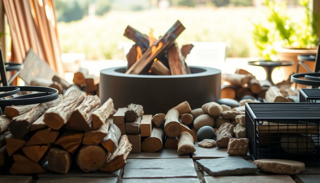 A well-crafted firepit surrounded by an array of carefully selected materials - from rustic firewood to modern metal accents. The scene is bathed in warm, natural lighting, creating a cozy and inviting atmosphere. In the foreground, various sizes of wood logs are neatly stacked, ready to be added to the fire. The middle ground features an assortment of materials that could be used to construct or decorate the firepit, such as stone pavers, decorative rocks, and metal grates. The background subtly suggests an outdoor setting, with a hint of lush greenery or a natural landscape visible in the distance. The overall composition conveys a harmonious balance between the practical and the aesthetic, reflecting the care and attention required to select the right firepit materials.