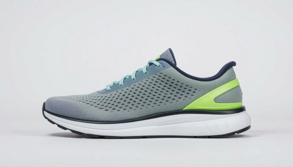 A well-designed and breathable running shoe with a lightweight yet durable upper, showcasing the material's intricate texture and perforations for enhanced airflow. The shoe is displayed in a soft, even lighting, highlighting its sleek silhouette and ergonomic design. The background is minimalist, allowing the shoe to be the focal point, conveying a sense of comfort, performance, and attention to material quality - key considerations for the "Obermaterial: Atmungsaktivität und Komfort" section of the article.