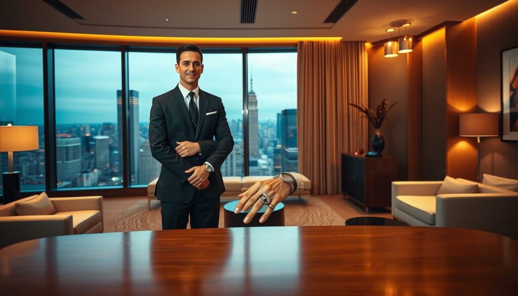 A well-dressed jewelry executive stands confidently in a modern, high-end office. The figure is framed by a panoramic window overlooking a bustling city skyline, illuminated by warm, directional lighting. Sleek, minimalist furniture and tasteful decor create an atmosphere of refined professionalism. The executive's hands rest on a polished wooden desk, showcasing an exquisite, statement-making ring. The overall impression conveys a sense of authority, success, and a deep appreciation for the artistry of fine jewelry.