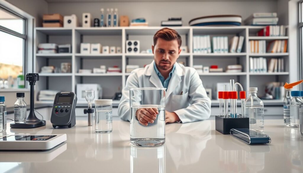 A well-equipped laboratory setting with a focus on water analysis. In the foreground, a beaker filled with clear liquid sits on a glossy lab bench, surrounded by various scientific instruments such as a pH meter, test tubes, and pipettes. In the middle ground, a technician in a white lab coat examines the sample, with a serious expression conveying the importance of the task. The background features shelves stocked with chemical reagents, reference books, and a large window that floods the space with natural light, creating a sense of clarity and precision. The overall mood is one of scientific rigor and attention to detail, reflecting the importance of thoroughly testing the quality of the well water.