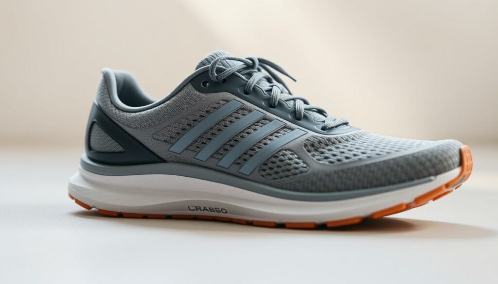 A well-fitted running shoe resting on a clean, light-colored surface. The shoe's contours and materials are captured in high detail, highlighting its seamless construction and breathable mesh upper. The laces are carefully laced, suggesting a perfect, customized fit. Soft, diffused lighting from the side gently accentuates the shoe's form, creating a sense of depth and dimension. The overall mood is one of precision, comfort, and the anticipation of an enjoyable running experience.