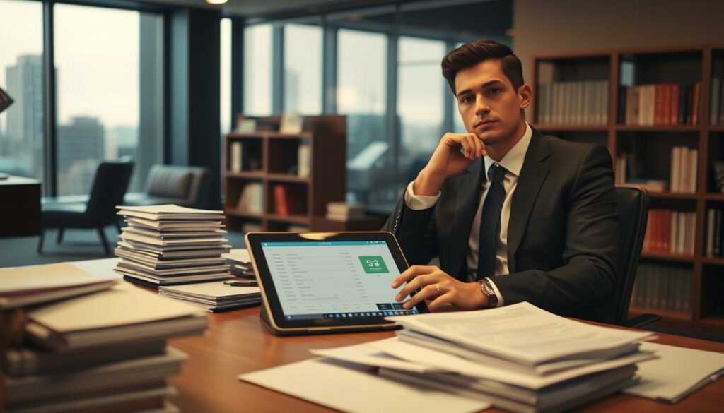A well-lit, cinematic scene of a person contemplating the legal risks associated with sports betting. In the foreground, a smartly dressed individual sits at a desk, surrounded by stacks of paperwork and a tablet displaying financial data. The middle ground features a backdrop of an office interior, with bookshelves and a large window overlooking a cityscape. The lighting is warm and subtle, creating a pensive atmosphere. The camera angle is slightly elevated, giving the viewer a sense of the gravity and complexity of the legal and financial implications of sports betting. The overall composition and lighting evoke a sense of thoughtful deliberation and the weight of the decisions being made.