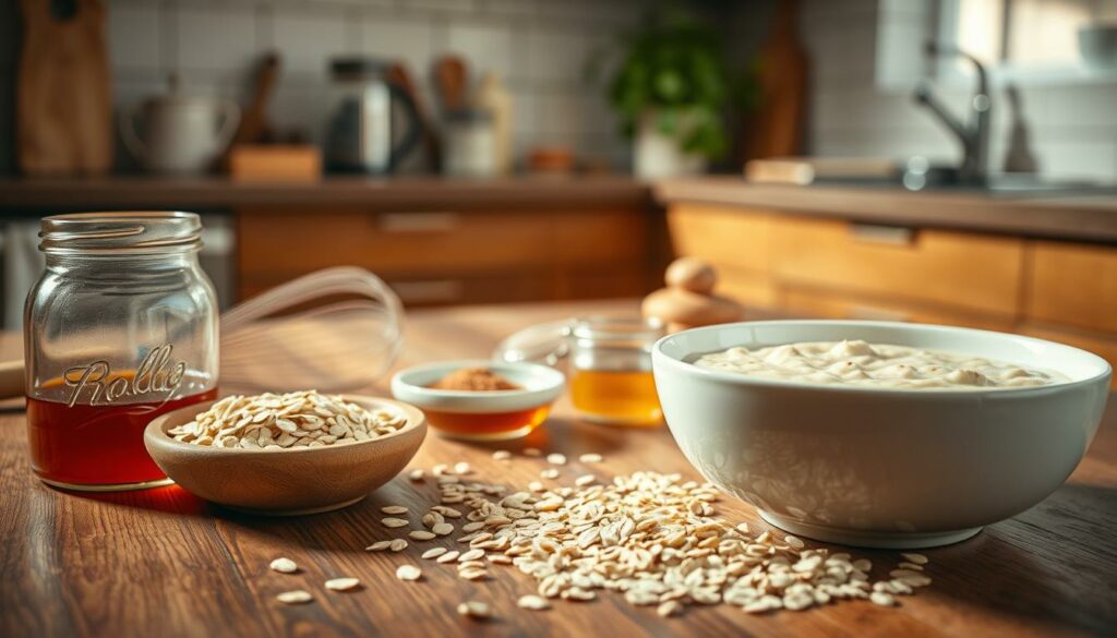 A well-lit, cozy kitchen scene featuring a wooden table with a bowl of hearty porridge, surrounded by various kitchen ingredients and utensils. In the foreground, a handful of rolled oats and a glass jar of honey are prominently displayed. The middle ground showcases a whisk, a spoon, and a small saucer with a sprinkle of cinnamon. In the background, the kitchen countertop is visible, with a few spice jars and a potted herb plant. The lighting is warm and inviting, creating a comforting, homey atmosphere. The camera angle is slightly elevated, capturing the scene from an angle that showcases the depth and attention to detail.