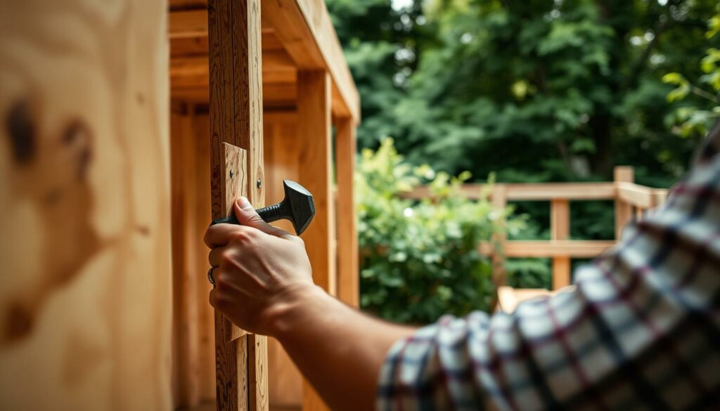 A well-lit, detailed shot of a person carefully installing OSB boards onto the exterior walls of a wooden garden house. The foreground shows the worker's hands meticulously aligning and securing the OSB panels, using a hammer and nails. The middle ground captures the overall structure of the house, with its clean lines and rustic charm. The background features a lush, verdant garden setting, providing a natural and serene backdrop. The lighting is soft and diffused, creating a warm, inviting atmosphere. The camera angle is slightly elevated, allowing for a clear view of the wall installation process. The overall composition emphasizes the technical aspects of the task while showcasing the beauty of the garden house construction.