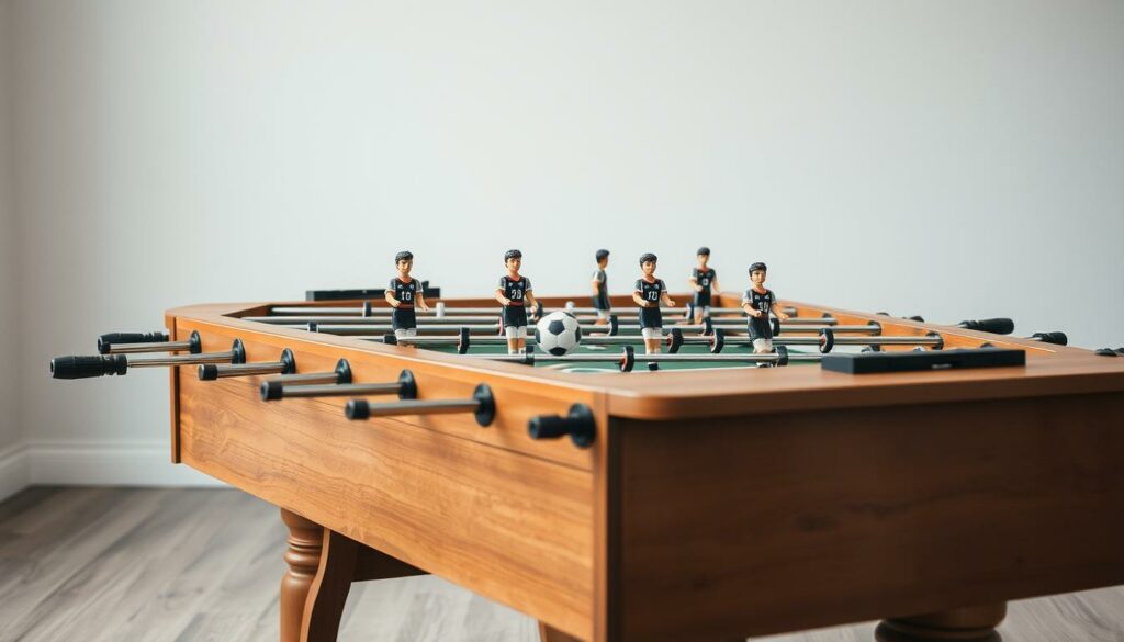 A well-lit, high-quality photograph of a table football (foosball) setup on a wooden table. The foreground features the table itself, with a shiny, polished surface and sturdy, ornate legs. On the table, the detailed foosball players are clearly visible, each with distinct features and uniforms. The middle ground showcases various accessories, such as the ball, scoring mechanisms, and control rods, all neatly arranged. In the background, a clean, uncluttered space with neutral-toned walls and subtle lighting creates a professional, editorial-style atmosphere, suitable for a magazine article.