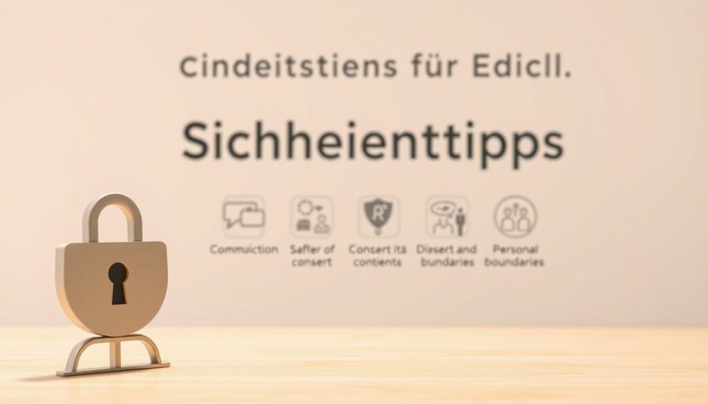 A well-lit, high-resolution illustration depicting "Sicherheitstipps für Erwachsene" in a tasteful, informative manner. In the foreground, a stylized icon or symbol representing safety and security, rendered in a clean, modern aesthetic. In the middle ground, a series of discrete pictograms or infographic elements highlighting key safety tips, such as communication, consent, and personal boundaries. The background features a soft, neutral color palette, creating a calm, professional atmosphere. The overall composition should convey a sense of practical guidance and empowerment, without being overly explicit or sensationalized.