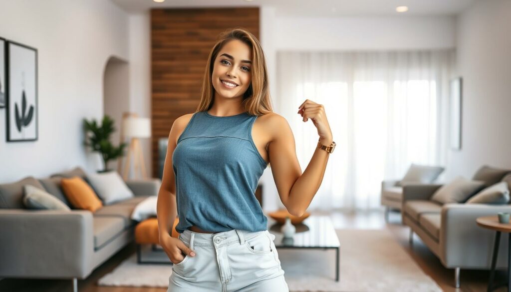 A well-lit, high-resolution image of a young, attractive woman confidently posing in a modern, minimalist home environment. She is wearing a casual yet stylish outfit that accentuates her figure, exuding a sense of self-assurance and empowerment. The background features sleek, neutral-toned furnishings and decor, creating a sophisticated and inviting atmosphere. The lighting is soft and flattering, highlighting the subject's natural beauty. The overall composition and mood convey a sense of personal freedom, digital self-determination, and the ability to showcase one's individuality online.