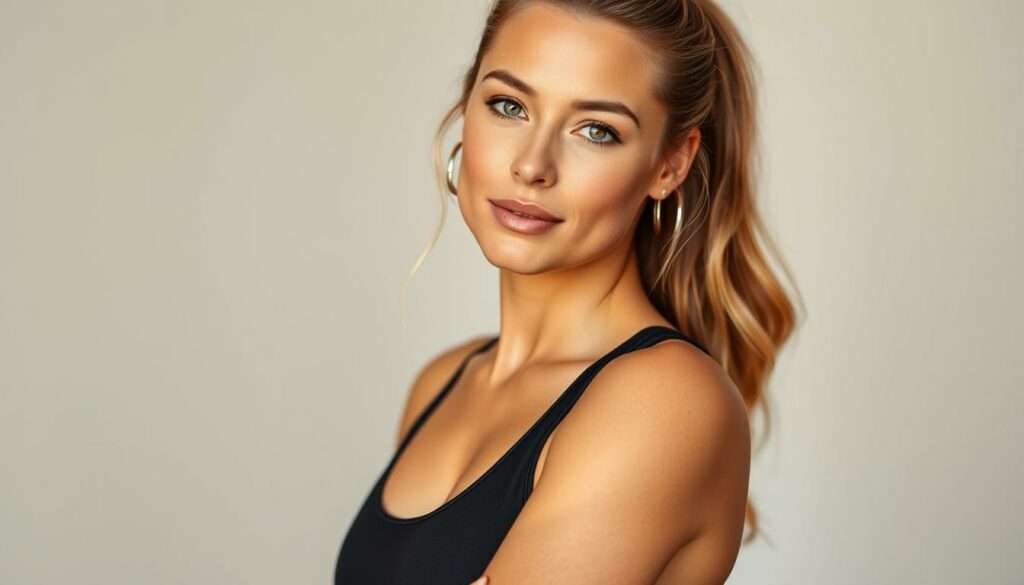 A well-lit, high-resolution portrait of Sophia Thiel, a popular German fitness YouTuber, against a clean, minimalist background. Sophia is shown in a confident, focused pose, wearing form-fitting athletic wear that showcases her toned physique. The lighting is warm and flattering, accentuating her defined facial features and radiant skin. The image conveys a sense of Sophia's dedication, success, and influence in the fitness industry, reflecting her transformation and rise to prominence as a leading figure in the German YouTube landscape.