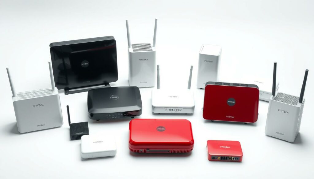 A well-lit, high-resolution product photography image showcasing a variety of FRITZBox internet routers and modems on a clean, minimalist white background. The devices are arranged in an aesthetically pleasing grid pattern, highlighting their sleek, modern designs. The lighting is soft and diffused, creating subtle shadows and highlights that emphasize the products' textures and details. The overall mood is professional, informative, and designed to draw the viewer's attention to the featured FRITZBox offerings.