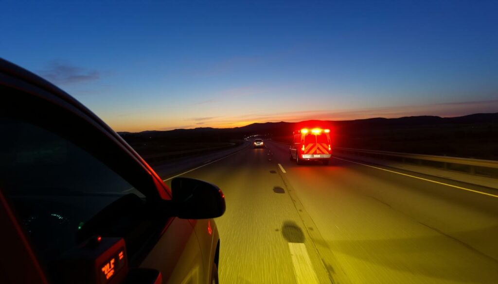 A well-lit highway scene, shot from a low angle with a wide-angle lens. In the foreground, a driver carefully maneuvers their vehicle onto the emergency shoulder, their blinkers activated. The middle ground features a clear path down the center of the road, with other vehicles yielding and making way for an approaching emergency vehicle. In the background, a distant horizon with rolling hills and a vibrant sky, suggesting a sense of open space and safety. The overall mood is one of attentiveness, responsibility, and the efficient use of the emergency shoulder to facilitate the passage of first responders.