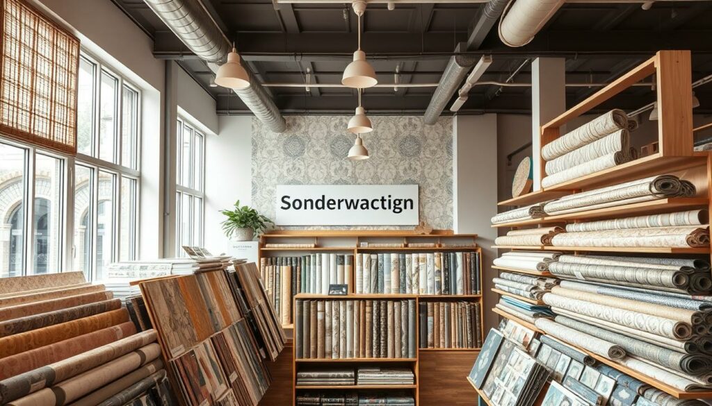 A well-lit interior showroom displaying an assortment of high-quality wallpaper rolls and sample books. The shelves are neatly organized, showcasing a variety of patterns, colors, and textures. A focal point is a prominent "Sonderangebote" (Special Offers) sign, drawing the viewer's attention to the discounted items. Diffused natural light streams in through large windows, creating a warm and inviting atmosphere. The scene conveys a sense of a professional, yet approachable home decor store, enticing the customer to explore the selection of premium wallpapers available at attractive prices.