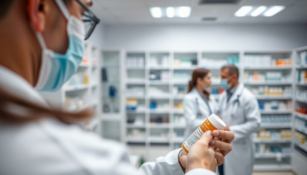 A well-lit, professionally-photographed medical clinic interior scene. In the foreground, a pharmacist carefully examines a prescription bottle, representing the patient protection aspect of medication distribution. The middle ground shows a patient consultation area with a doctor and patient engaged in discussion, conveying the need for medical advice when obtaining certain medications. The background depicts shelves of medication, subtly hinting at the prescription-only status of sensitive drugs like Viagra. The overall mood is one of clinical professionalism, safety, and the importance of medical oversight when accessing potentially risky pharmaceuticals.