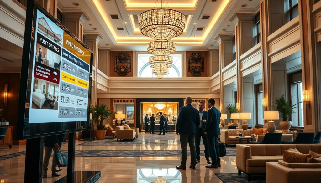 A well-lit, realistic interior scene depicting a modern hotel or resort lobby. In the foreground, a large display screen shows various pricing options and offers for different room types and packages. In the middle ground, several business travelers are browsing the screen, engaged in discussion. The background features tasteful decor, plush furnishings, and architectural details that convey a sense of high-end hospitality. The lighting is warm and inviting, creating a sense of sophistication and professionalism. The overall mood is one of consideration and decision-making, with the pricing and offers being the central focus.