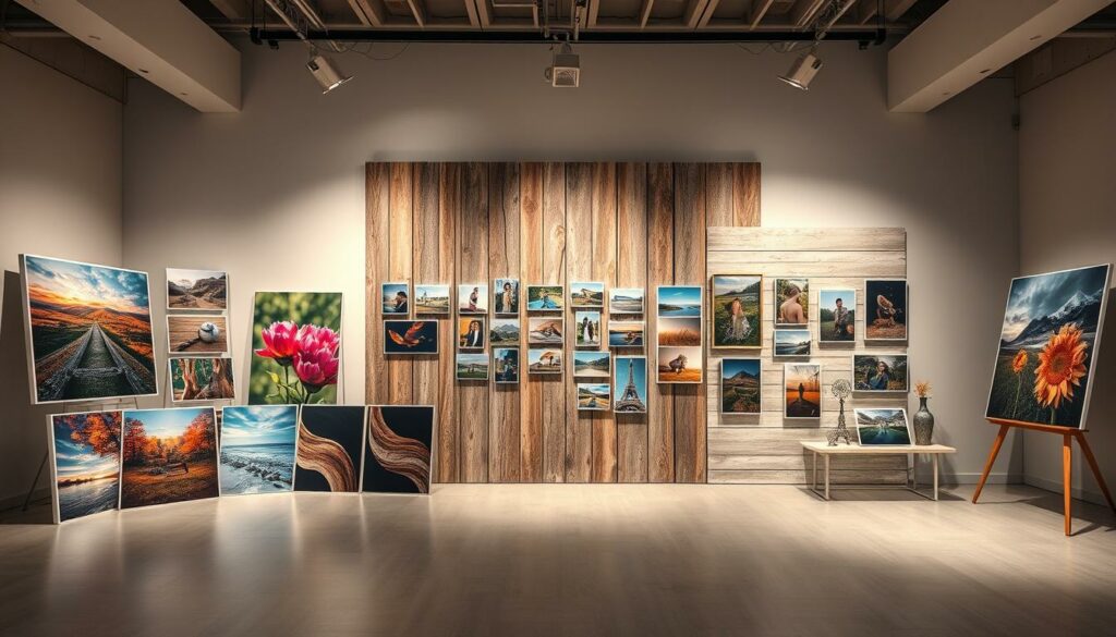 A well-lit studio setting showcasing a collection of high-quality photographic prints on various textural surfaces. In the foreground, a series of sleek aluminum panels display vibrant, color-rich images. In the middle ground, weathered wooden planks provide a rustic backdrop, supporting an array of carefully curated photographs. The lighting is soft and diffuse, accentuating the tactile qualities of the materials and the depth of the photographic compositions. The overall atmosphere is one of artistic refinement and creative expression, inviting the viewer to appreciate the versatility of transforming beloved photos into unique, handcrafted artworks.