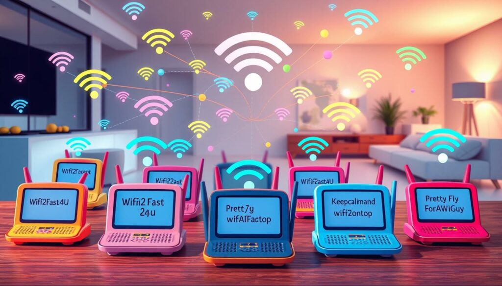 A whimsical and vibrant illustration of "Kreative WLAN Namen" for a router. In the foreground, an array of playful, colorful router shapes, each with a unique, humorous WLAN name displayed on their screens, such as "Wifi2Fast4U", "Keepcalmandwifiontop", and "PrettyFlyForAWifiGuy". The middle ground features a stylized network of colorful Wi-Fi signals and data streams, creating a dynamic, interconnected atmosphere. The background showcases a modern, minimalist interior design with sleek, contemporary furniture and accents, setting the scene for this creative and lighthearted interpretation of WLAN naming. The lighting is soft and diffused, highlighting the vibrant colors and playful details. The overall mood is whimsical, imaginative, and inviting, perfectly capturing the spirit of the article's subject matter.