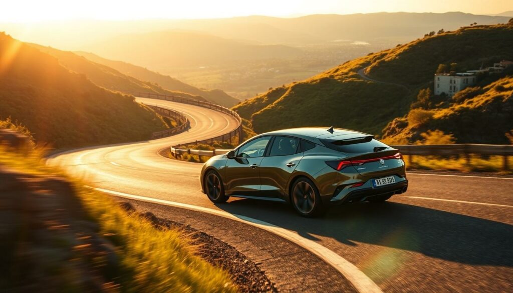 A winding mountain road winds through lush, verdant hills, the Cupra electric vehicle gracefully navigating the curves with agility and power. The sun casts a warm, golden glow, highlighting the sleek, sporty lines of the car as it hugs the asphalt. In the foreground, the vehicle's striking exterior gleams, its performance-oriented design hinting at the dynamic handling within. The middle ground reveals the car's confident presence, balanced between the rugged landscape and the urban sophistication of the architecture in the distance. Subtle lens flare adds a sense of energy and movement, capturing the thrill of the drive. This image conveys the Cupra's ability to blend everyday practicality with an exhilarating, athletic driving experience.