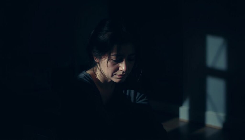 A woman, Samira, sits alone in a dimly lit room, her face etched with sorrow and exhaustion. The shadows cast by the low lighting accentuate the weight of her emotional burden, a visual representation of the aftermath of a tumultuous relationship. In the background, muted colors and a sense of emptiness convey the loneliness she feels. The camera angle is slightly tilted, creating a sense of instability and unease, mirroring Samira's emotional state. The overall mood is somber and introspective, capturing the profound impact of the trust that was broken.