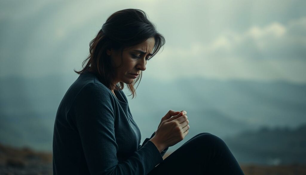 A woman sits alone, her expression pained and distant, as she grapples with the long-term consequences of a traumatic event. The lighting is somber, casting soft shadows that accentuate the weary lines of her face. Her posture is hunched, her hands fidgeting nervously, conveying the ongoing emotional and psychological turmoil she faces. In the background, a hazy, dreamlike landscape swirls, reflecting the disorientation and fragmentation of her inner world. The overall atmosphere is one of introspection, melancholy, and the arduous journey towards healing.