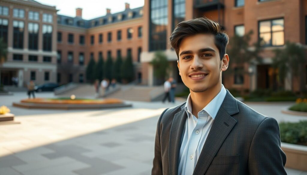 A young man, Johan Riley, stands confidently in the courtyard of The New School in New York City. He is dressed in a well-fitted suit, his expression radiating a sense of purpose and ambition. The warm afternoon sunlight casts gentle shadows, highlighting the architectural details of the university buildings in the background. The scene conveys a feeling of accomplishment and determination, as Johan takes his next steps towards a promising future.