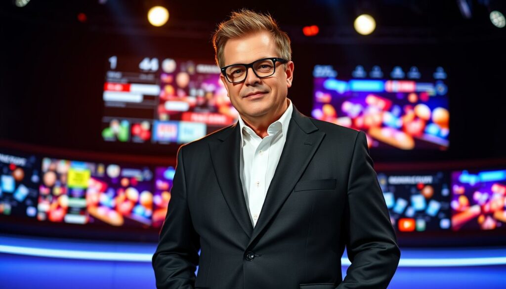 An affluent and charismatic man in his prime, Elton Moderator stands confidently on a stage, illuminated by warm, directional lighting that accentuates his sharp features and tailored suit. The background is a sleek, minimalist television studio, with a large LED screen displaying an array of colorful graphics and animations, hinting at his role as a sought-after television host. The composition is balanced, with Elton's pose and gaze exuding a sense of professionalism and command of the space, reflecting his successful transition from a show business newcomer to an established and respected media personality.